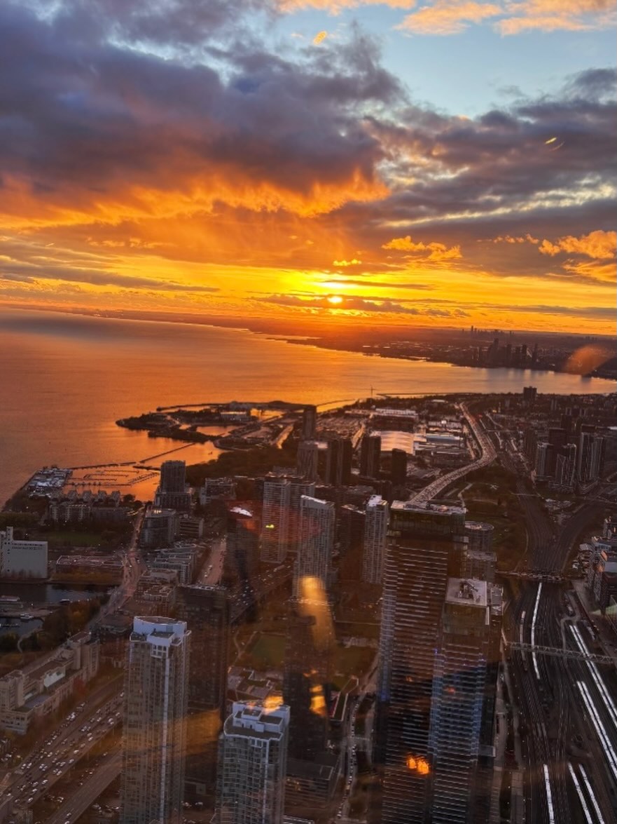 Golden hour glow over Toronto from 360 Restaurant