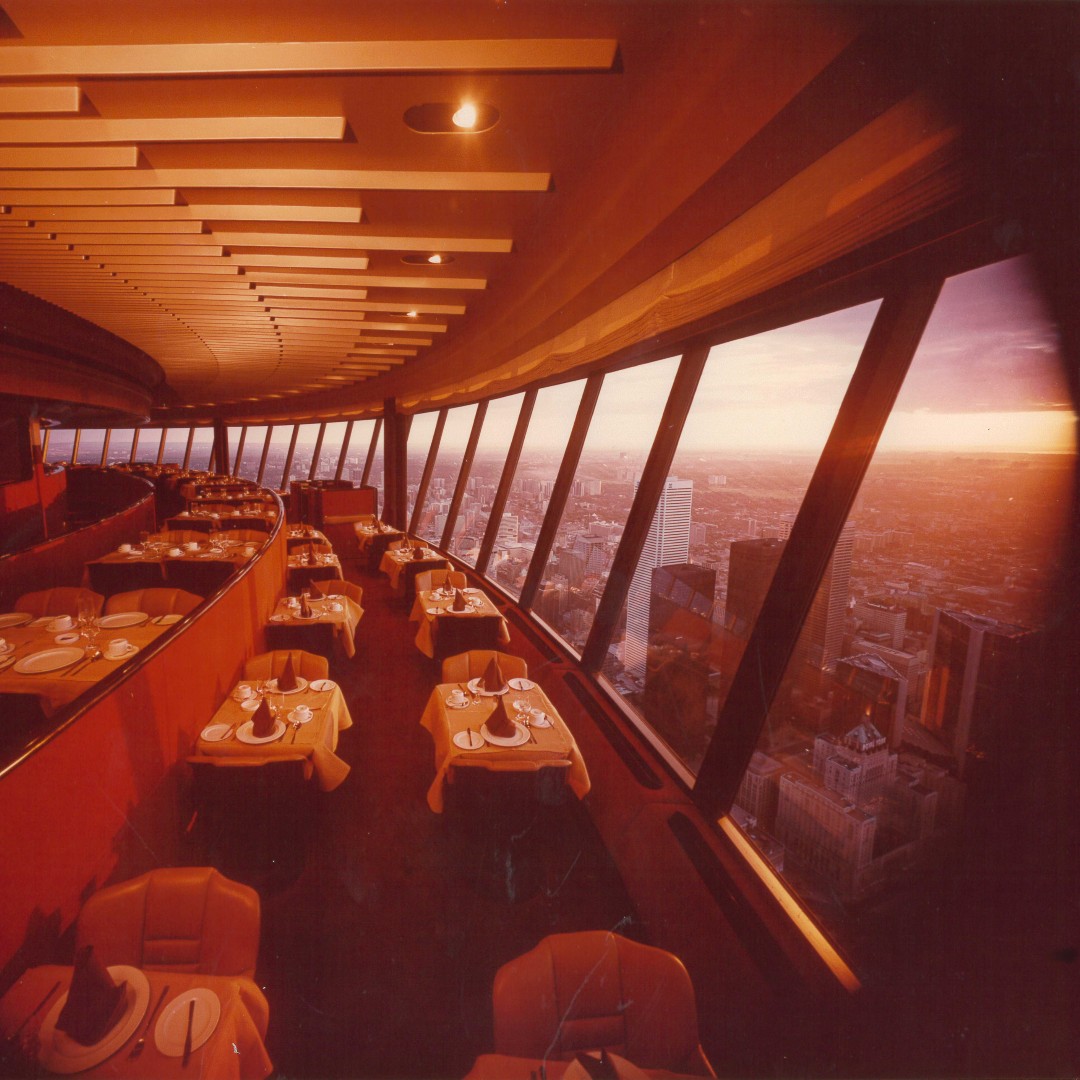 Interior of the Top of Toronto restaurant overlooking the Toronto skyline